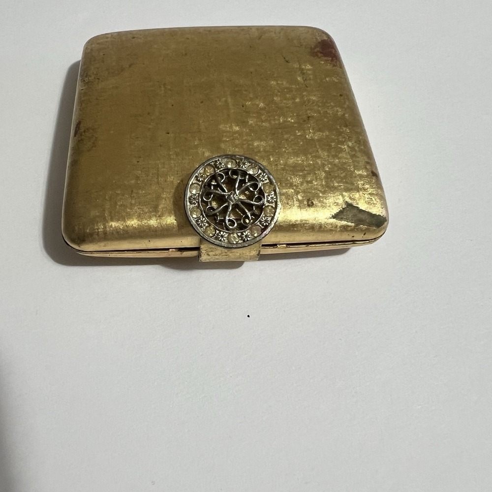 AVON Gold Tone w Floral Rhinestone Catch Latch Loose Powder Compact VINTAGE - Picture 8 of 15
